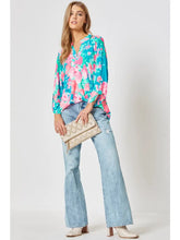 Load image into Gallery viewer, 3/4 Sleeve Blue Teal Peachy Pink Floral Blouse