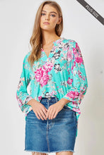 Load image into Gallery viewer, Plus Size 3/4 Sleeve Turquoise Floral Blouse