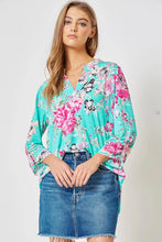 Load image into Gallery viewer, 3/4 Sleeve Turquoise Floral Blouse