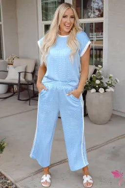 Beau Blue Textured Colorblock Edge Top High Waist 2 Piece Set