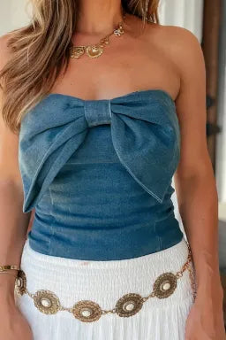 Sail Blue Vintage Bow Front Smocked Back Denim Tube Top