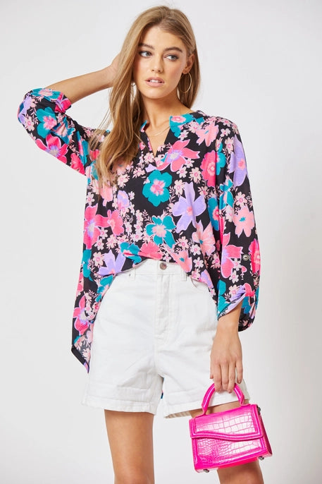 3/4 Sleeve Black Multi Floral Blouse