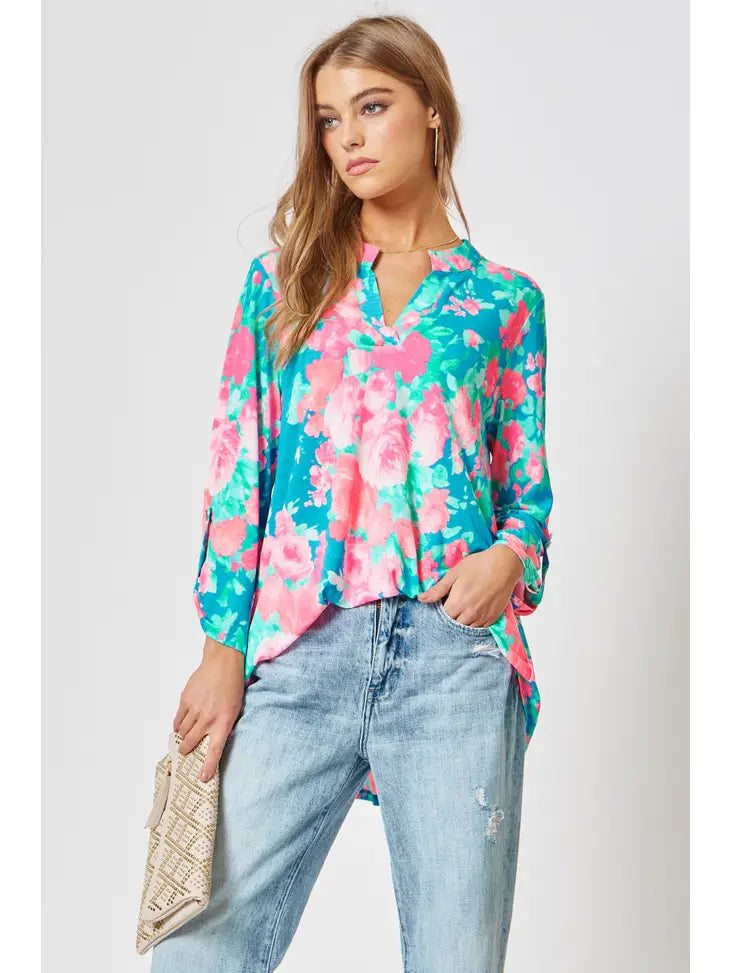 3/4 Sleeve Blue Teal Peachy Pink Floral Blouse