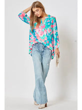 Load image into Gallery viewer, Plus Size 3/4 Sleeve Blue Teal Peach Pink Floral Blouse
