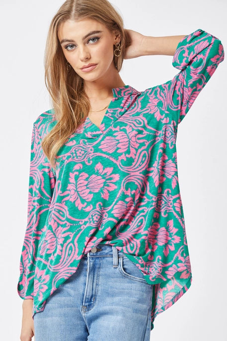 3/4 Sleeve Emerald Pink Floral Blouse