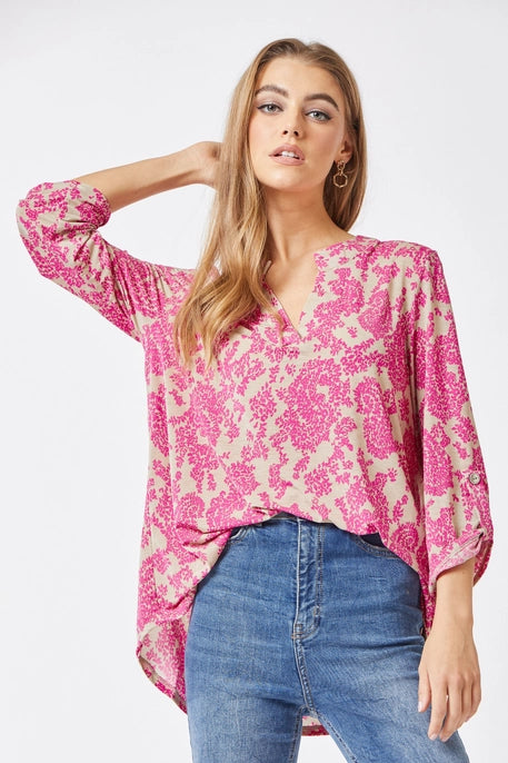 3/4 Sleeve Pink Beige Floral Blouse