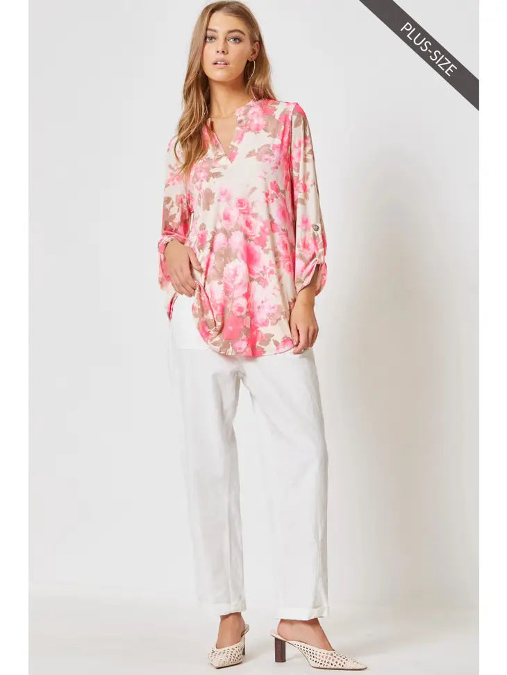 3/4 Sleeve Plus Size Oyster Pink Floral Blouse