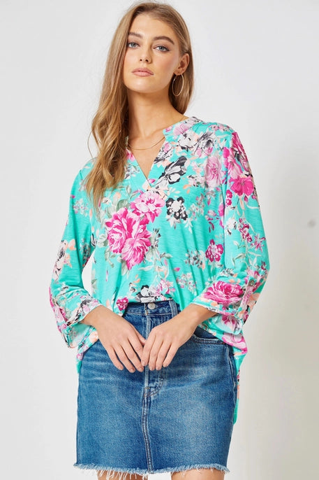 3/4 Sleeve Turquoise Floral Blouse