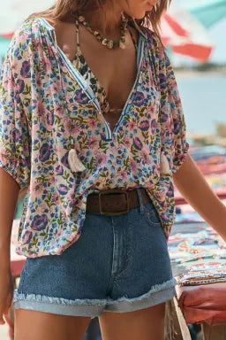Multi Color Bohemian Floral V Neck Loose Half Sleeve Blouse