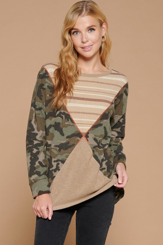 Camouflage Beige Striped Colorblock Top