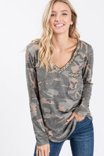 Load image into Gallery viewer, Camouflage V- Neck Shimmer Top w/Pocket
