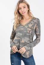 Load image into Gallery viewer, Camouflage V- Neck Shimmer Top w/Pocket
