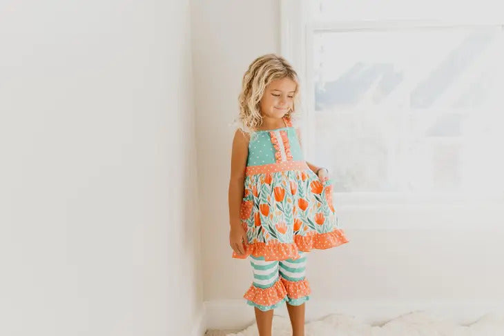 Mint Coral Floral Pocket Ruffle Capri Set