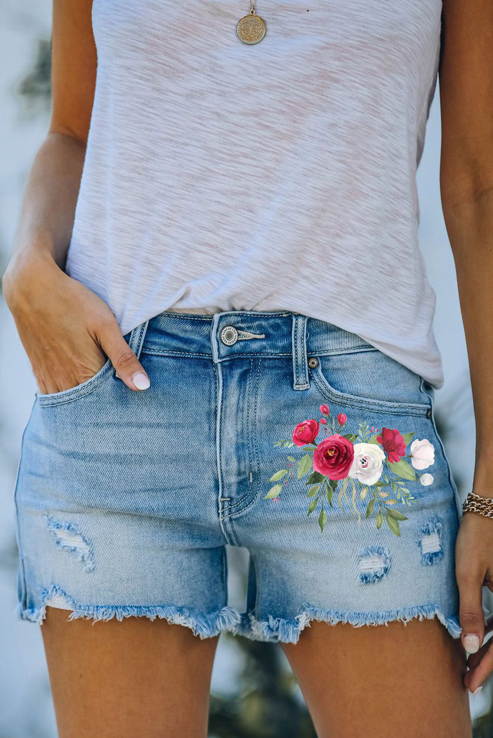 Day Dreams & Roses Floral Print Split Distressed High Waist Denim Short