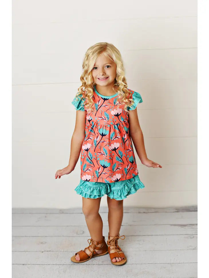 Teal & Coral Flower Ruffle