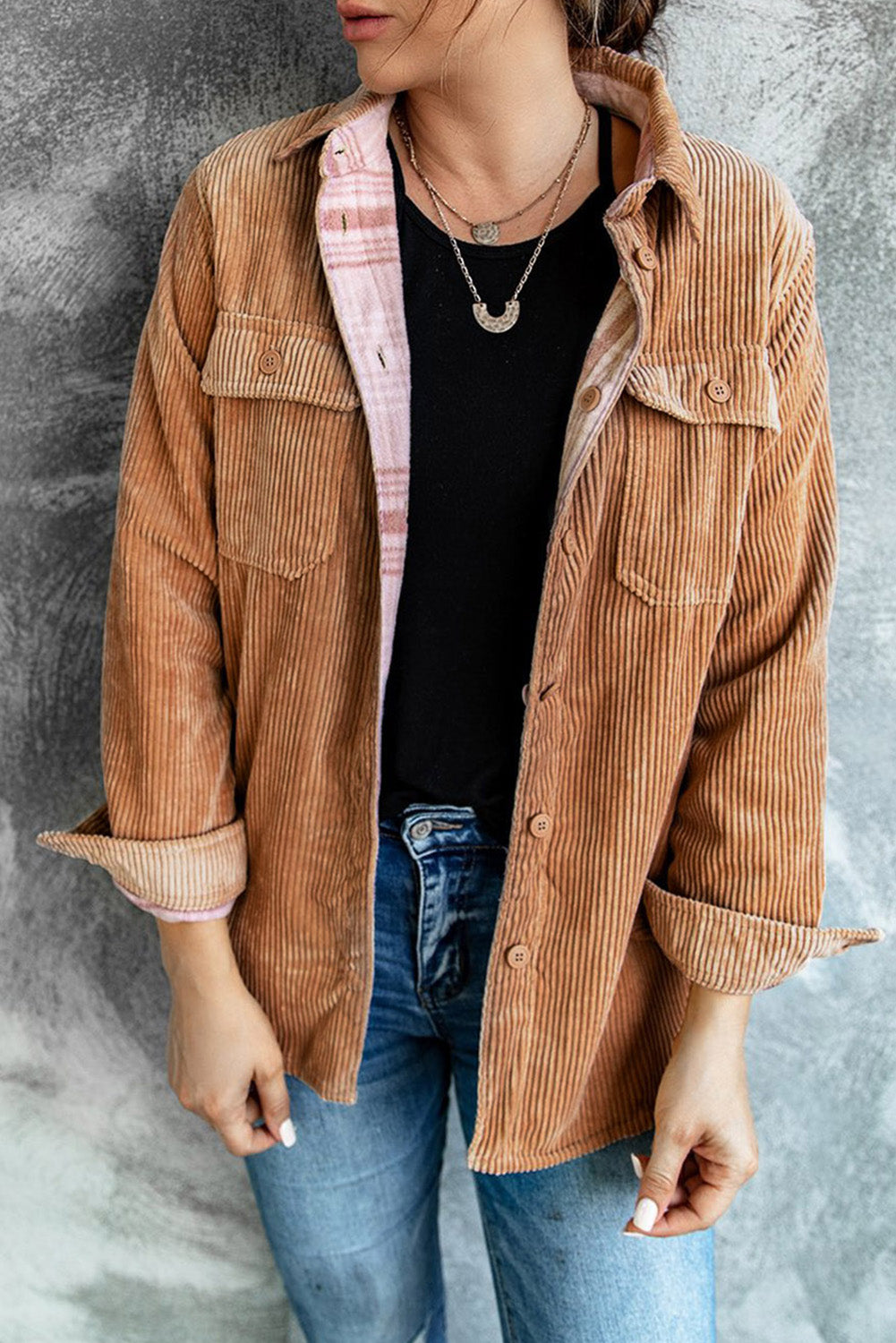 Turn The Page - Khaki Pink Plaid Reverseable Corduroy Shacket