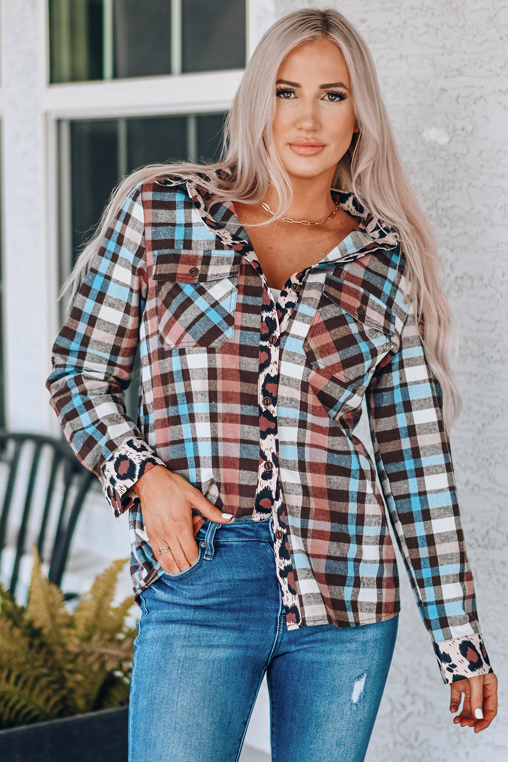 Shelby - Multicolor Plaid Leopard Trim Long Sleeve Button Down