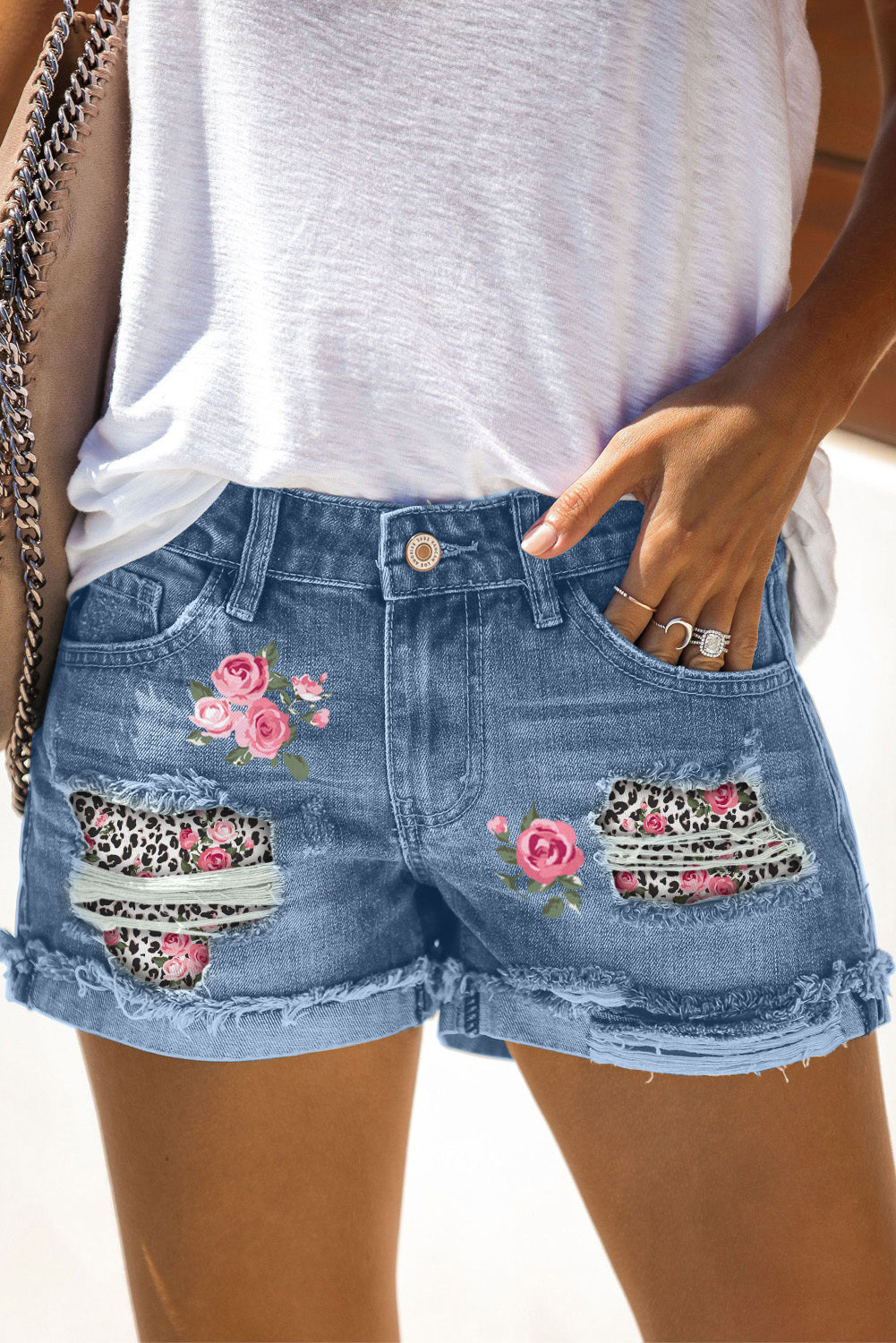 Take Chances Pink Rose Leopard Floral Patchwork Ripped Denim Shorts